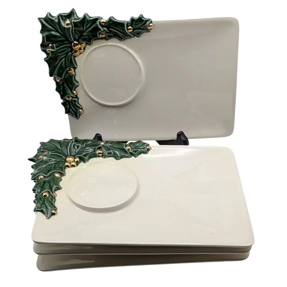 IRIS CERAMICS Holly Appetizer Plates Set 4 Drink Glass Holder Christmas Decor